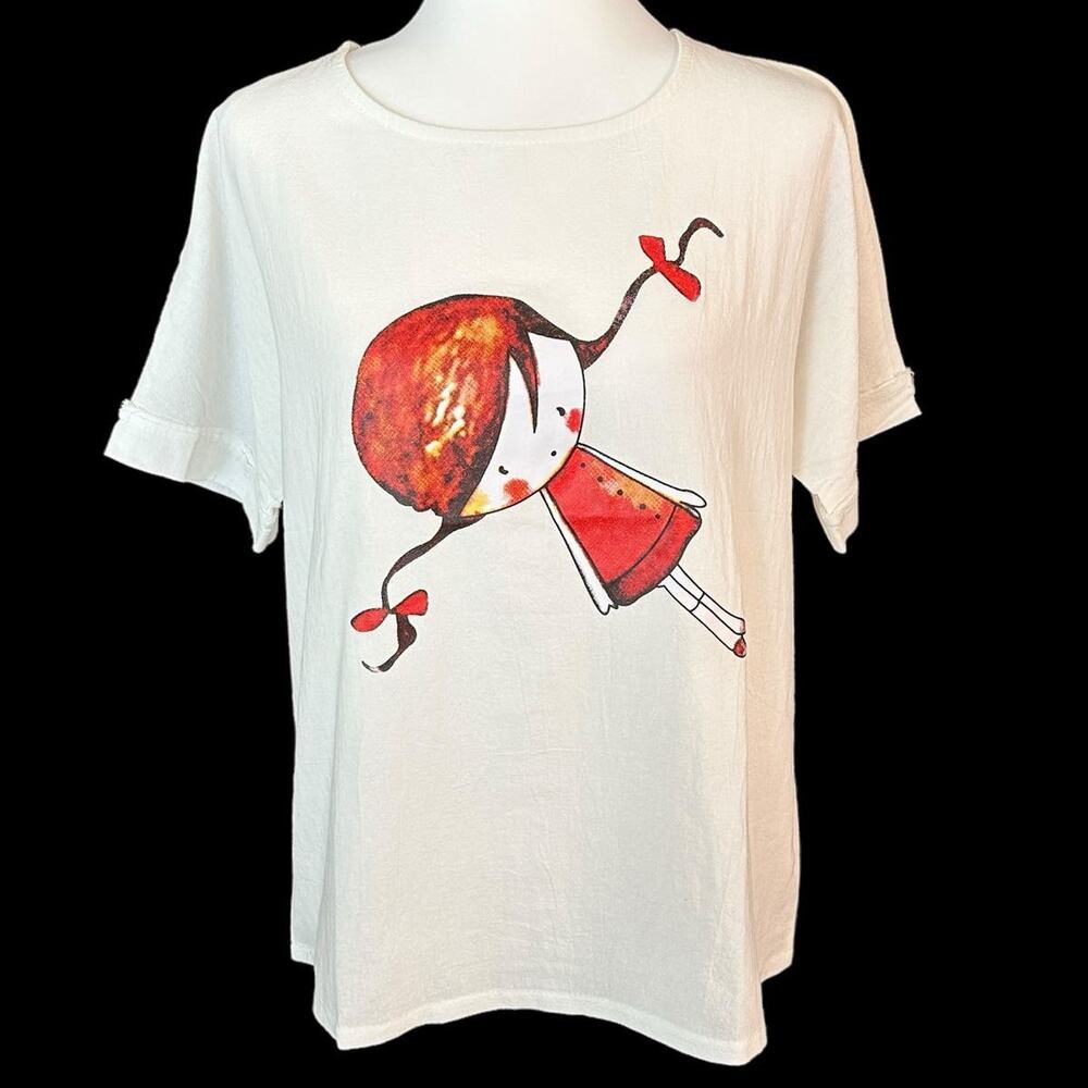 MISSLOOK Women's Top Whimsical Graphic Print Girl Pigtails Faux Linen Size M